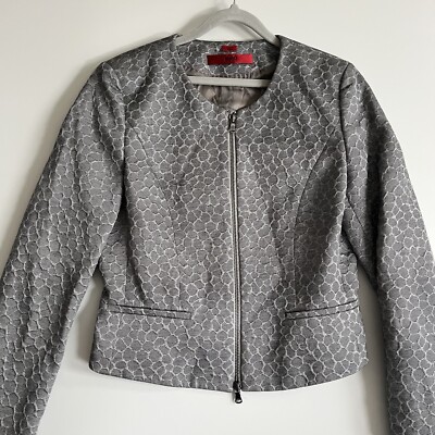 Hugo Boss Jacket Womens 4 Silver Metallic Jacquard Cropped Evening Shimmer Zip