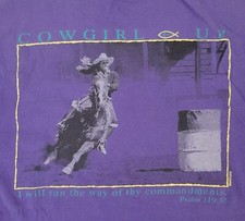 Vintage Cowgirl Up Womens Shirt XL USA Made Single Stitch Psalm 119;32 Purple
