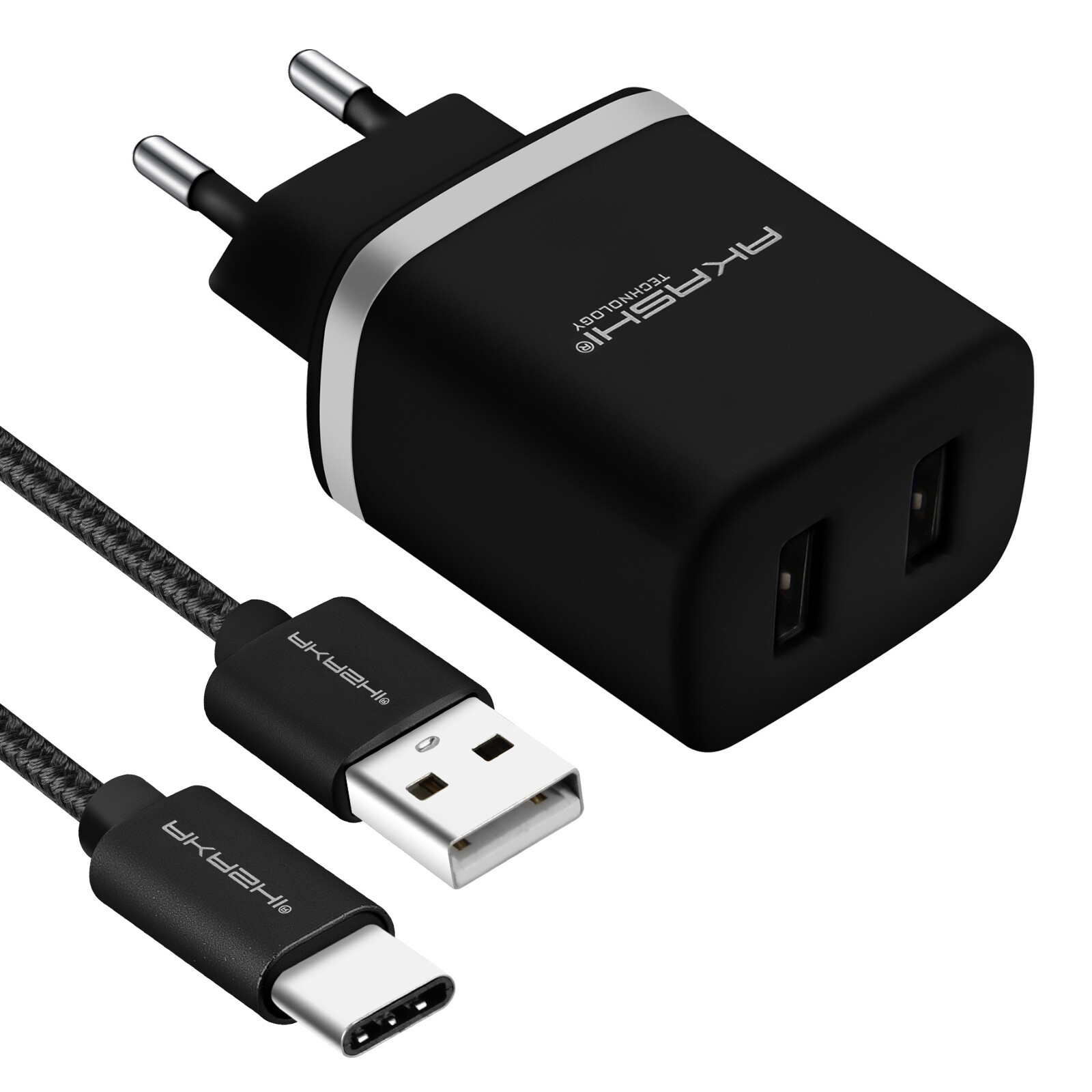 2-Port USB 2.1A Fast Charger with 1m Type C Cable - Akashi Black