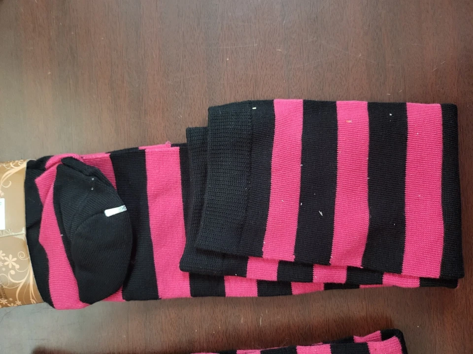 J Ann Over The Knee Socks Pink Black Wide Stripe Soft Feel NWT HiBaly - Image 2 of 2