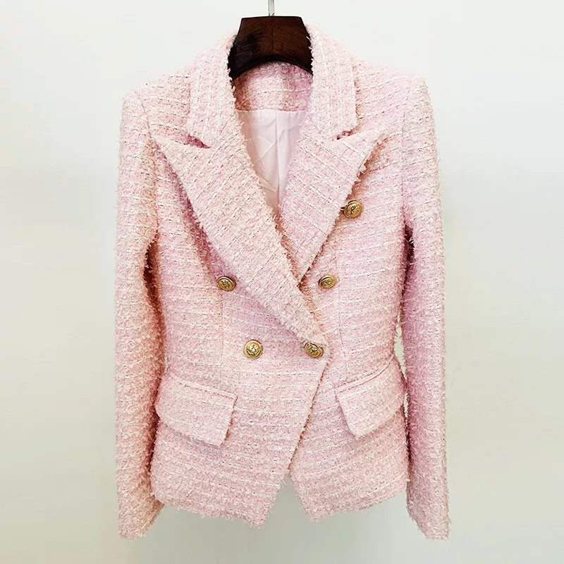 Double Breasted Pink Tweed Blazer Women With Gold Buttons Casual Slim Fit Jacket Double Breasted Pink Tweed Blazer Women With Gold Buttons Casual Slim Fit Jacket