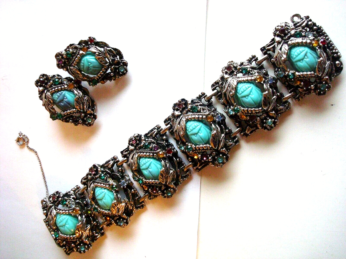 Huge,Vtg. Selro Selini? Joseff of Hollywood? UNSIGNED Scarab  Vintage Selro Egyptian Scarab Bracelet and Earrings main image 0