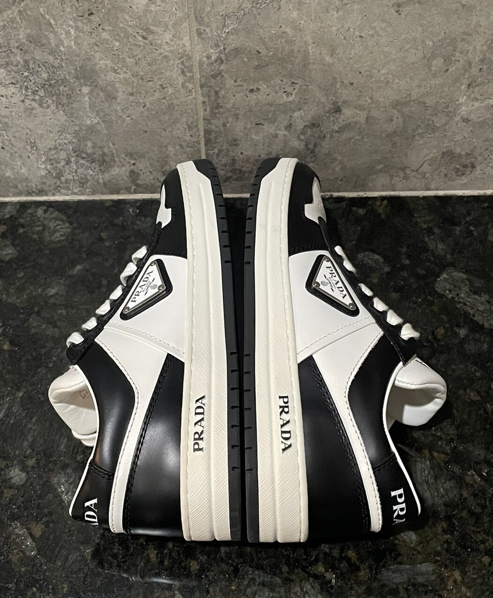 PRADA Women's Downtown Logo Leather Sneakers Black & White PRADA Women's Downtown Logo Leather Sneakers Black & White