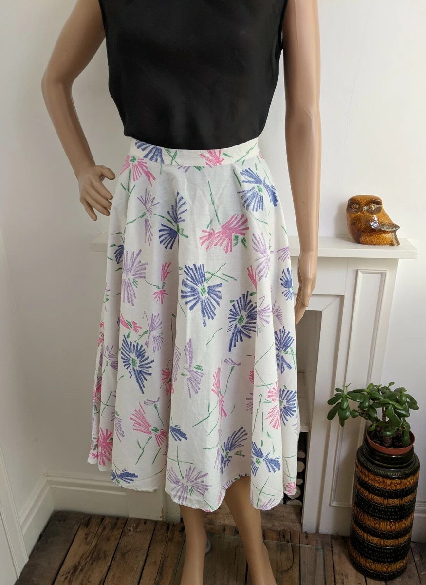 Vintage 80s Cotton Painted Daisy Floral Full Circle Skirt Boho 50s
