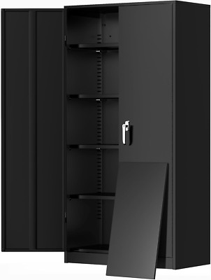 Metal Garage Storage Cabinet, 72  Locking Black Tool Steel Cabinet with Doors an