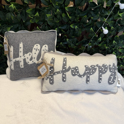 Mud Pie Mini Pillow Set Hello & Happy Gray/White 12x5