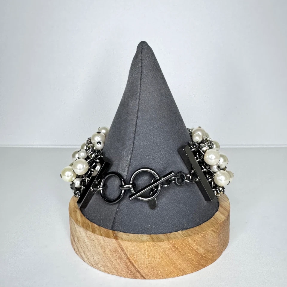 Pulsera Premier Designs imitación perla cristal transparente tejido eslabón racimo pistola metal Foto 3 de 4