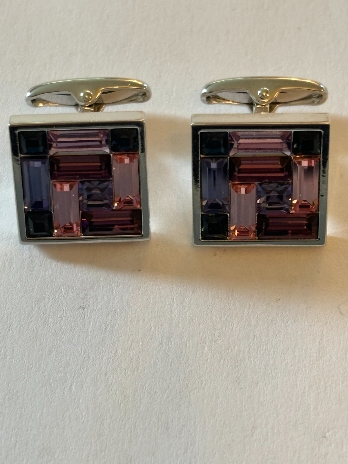 Square silver cufflinks with rectangular purple s… - image 1