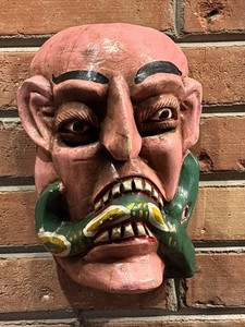 Vintage MEXICAN GUERRERO FOLK ART MAN LIZARD BEARD HEAD CARVED WOOD DANCE MASK