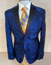 J.Ferrar Mens Blue Black Floral Stretch Fabric 38S Slim Fit Tuxedo Jacket Blazer