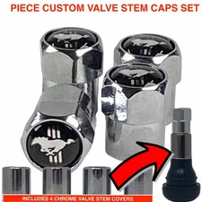 Chrome and Black Tire Stem Valve Caps 8 pc, set fits all wheels For Ford Mustang
