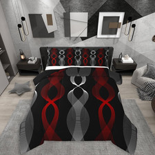 Red and Black Queen Comforter Set for Adults, Red Striped Bedding Set for Women