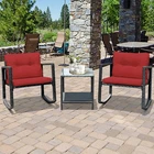 3PCS Rattan Rocking Chair Table Set Patio Furniture Set w/ Burgundy Cushions