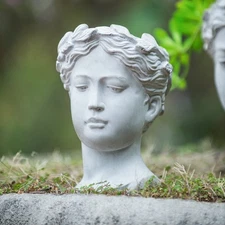 1x Cement Head Planter, Gray Indoor Outdoor Home Garden Decor Greek Style Dia 6"