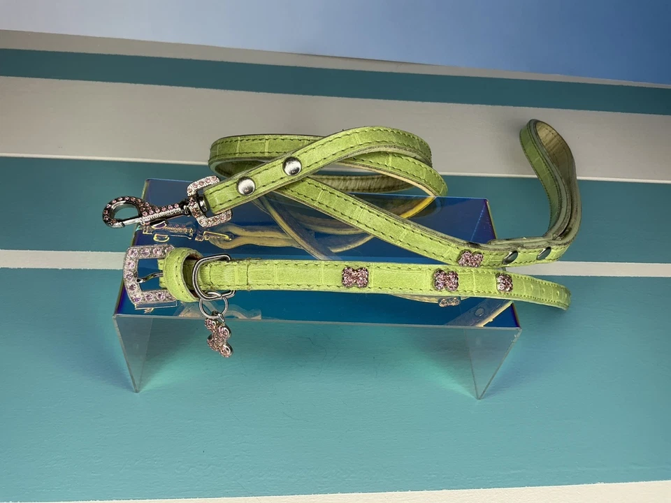 "Cuello y correa de 4 pies de cuero verde cromados usados, huesos de cristal rosa" Foto 4 de 4