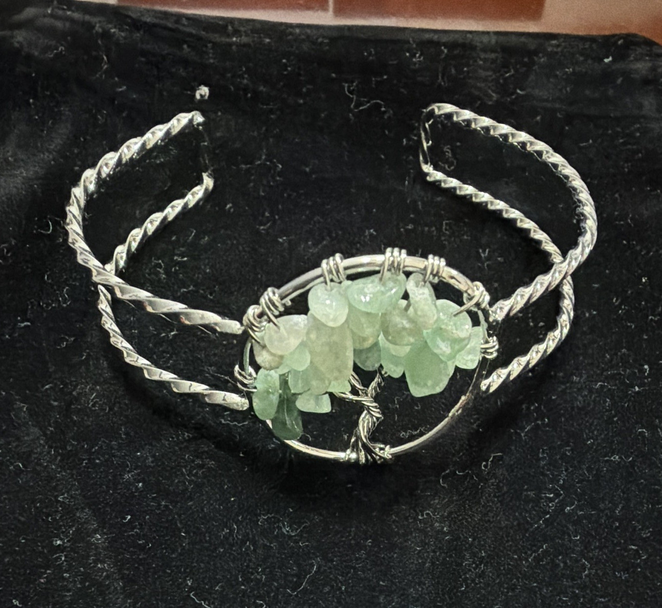 Handmade Wire Wrapped Tree of Life Cuff Bracelet Silver Tone Green Chip Stones
