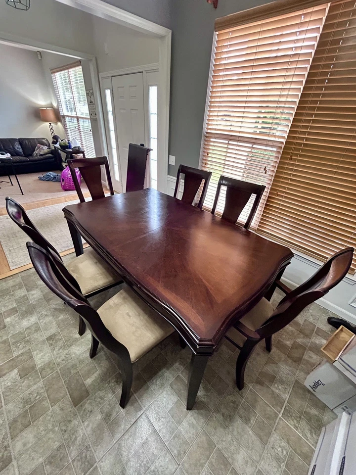 Dark Wood Dining Table w/ 6 Upholstered Chairs – Extendable to 94” - Image 2 of 4