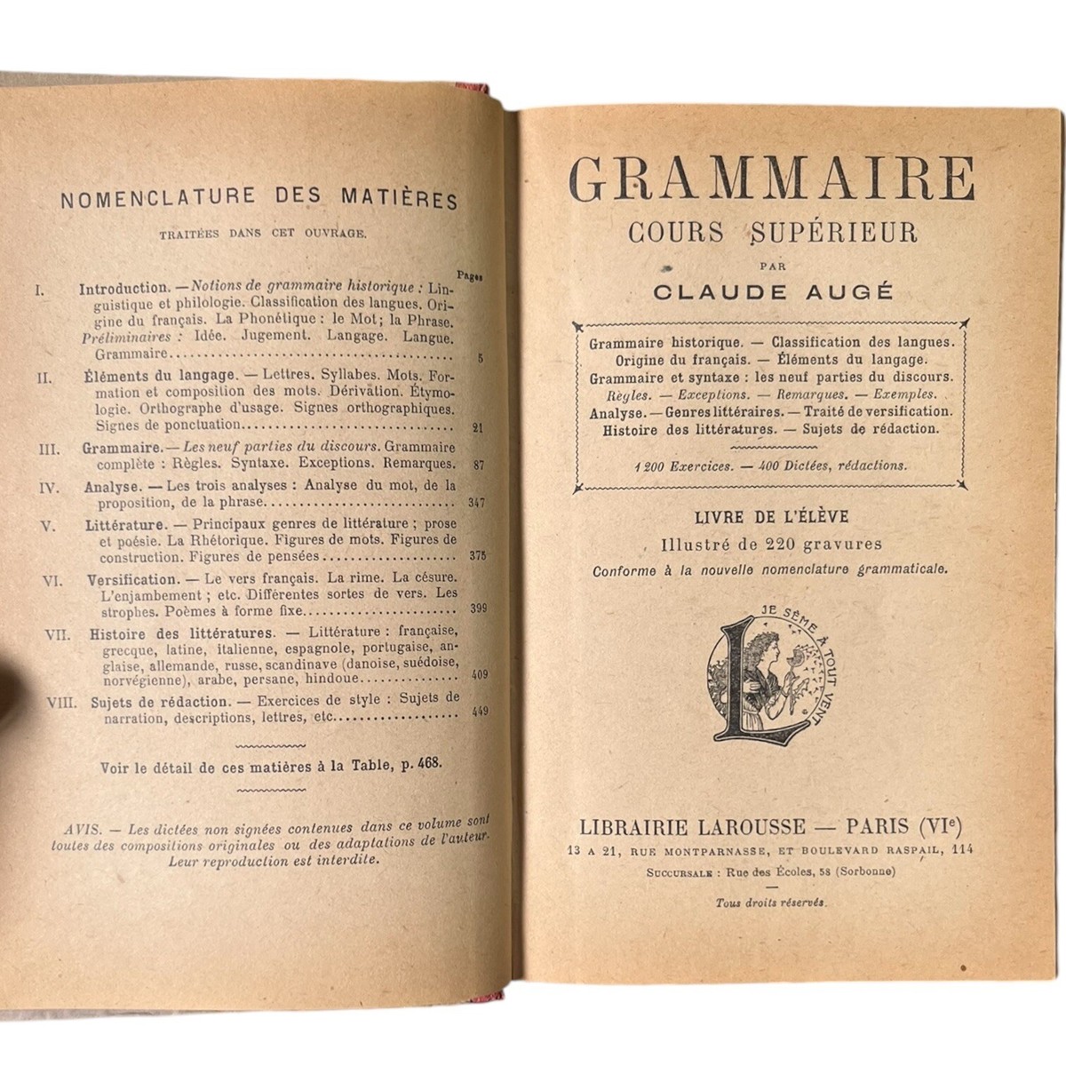 Grammaire Cours supérieur Claude Augé Antique 1912 Grammaire Cours Superieur Claude Auge Librairie