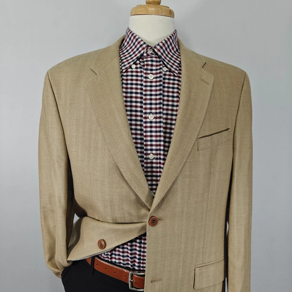 Kasper Мужская Sport пальто Blazer две кнопки бежевый елочка шелк шерсти размер 44L - Изображение 2 из 4