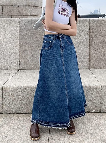 Damen Rücken Elastisch Hohe Taille A-Linie Maxi Lang Denim Jeansrock - Bild 2 von 7