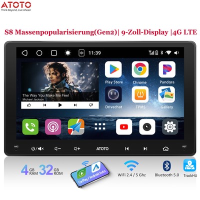ATOTO S8MS Doppel DIN 9'' Android Autoradio 4G LTE GPS Navi 4+32G ChatGPT-AI WIFI