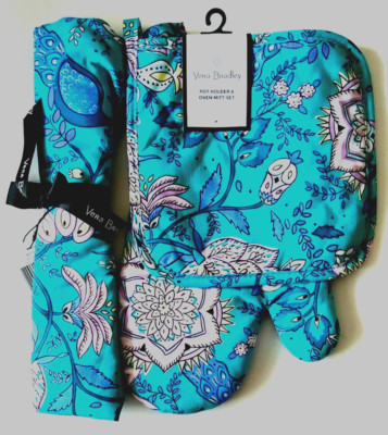 NWT Vera Bradley Bundle Pot Holder & Oven Mitt Set + Apron in Peacock Garden
