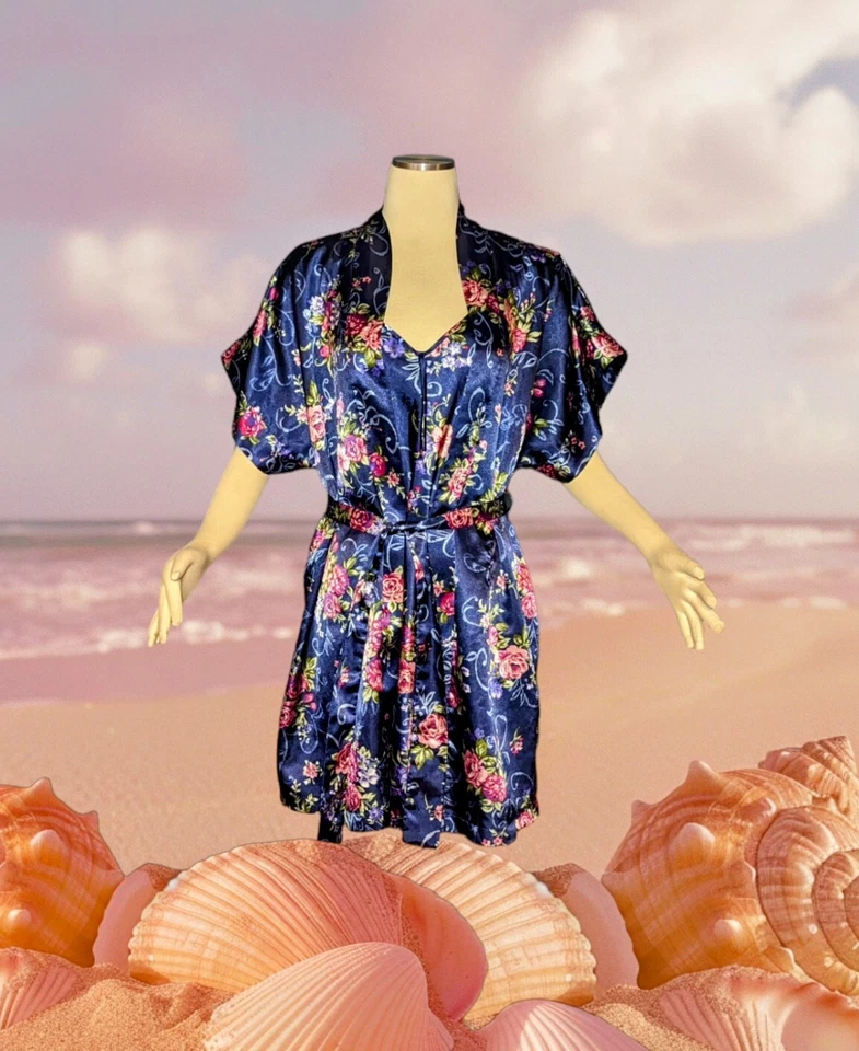 Camisola SECRET TREASURES cetim 2 peças azul marinho rosa floral MED - Imagem 2 de 4