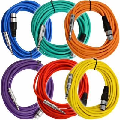6 Pack of Multiple Colors 25 Ft XLR Female to 1/4'' TRS Patch Cable Snake Cords