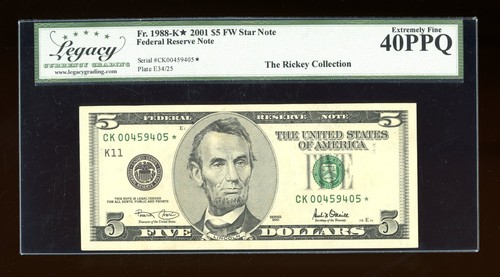 DBR 2001 $5 FRN STAR Dallas Fr. 1988-K* Legacy XF-40 PPQ Serial CK00459405* - Picture 1 of 2