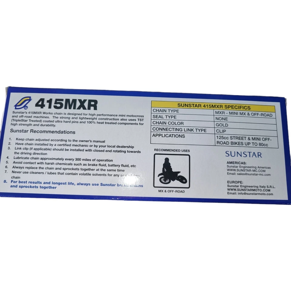 Cadena de transmisión Sunstar 415 MXR 108 eslabones KTM/Husqvarna 50 SX/50 SX Mini/50 SXS Foto 2 de 4