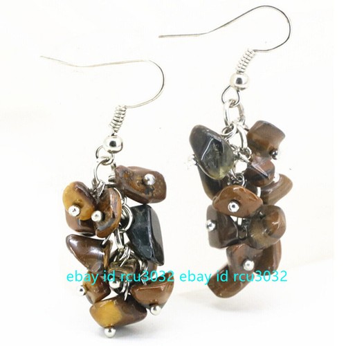 Natural 5-8mm Irregular Yellow Tigers Eye Gemstone Beads Dangle Silver Earrings - Picture 10 of 12