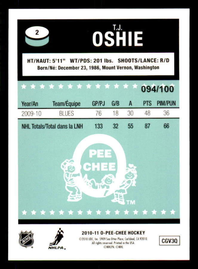 2010-11 O-Pee-Chee Retro Black Rainbow #2 T.J. Oshie #/100 (ref 33292) - Image 2 of 2