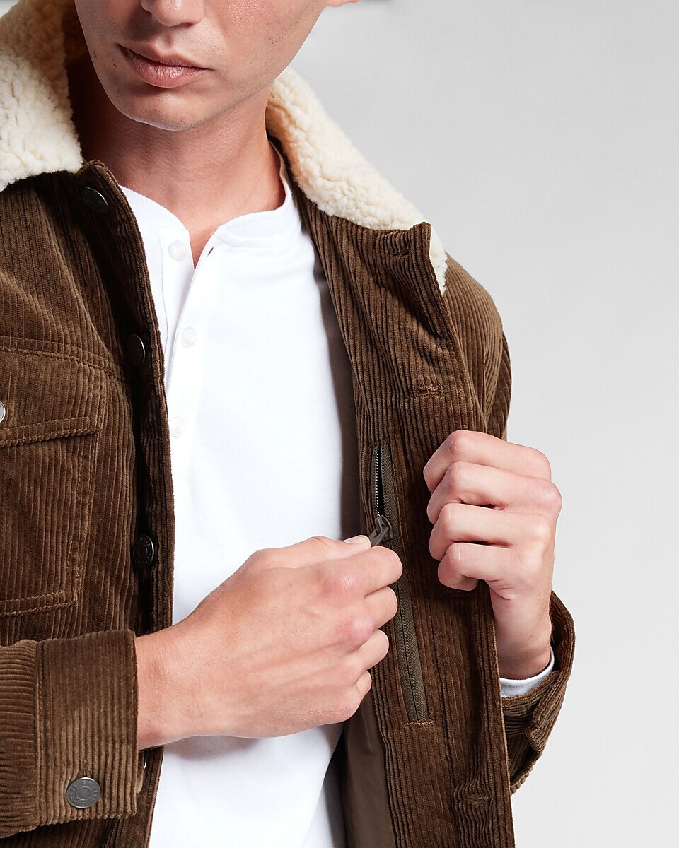 NEW EXPRESS $198 BROWN CORDUROY SHERPA COLLAR TRUCKER JACKET SZ S