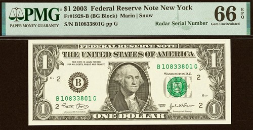 2003 $1 Federal Reserve Note PMG 67EPQ top pop consecutive radar serial number - Picture 5 of 6
