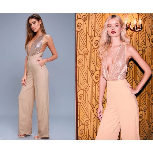Lulus Disco Heaven Beige Sequin Jumpsuit Deep V Wide Leg Cross Back NWT S