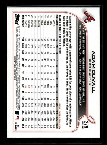 2022 Topps Serie 1 #279 Adam Duvall (Nuevo+)(Bas) - Imagen 2 de 2