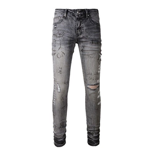 Mens Ripped Logo Letter Graffiti Rinse Wash Frayed Skinny Fit Stretch Gray Jeans - 第 1/9 張圖片