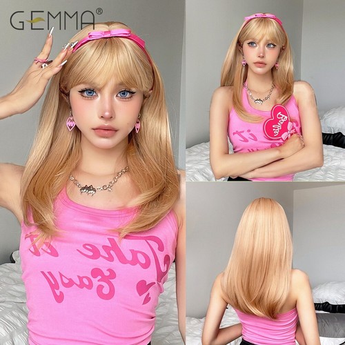 Long Light Blonde Wig Synthetic Straight Halloween Wigs with Bangs