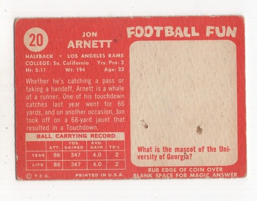 1958 TOPPS FOOTBALL ROOKIE JON ARNETT LOS ANGELES RAMS #20 - Picture 2 of 2