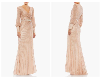 MAC DUGGAL 5501 SEQUINED WRAP OVER BISHOP SLEEVE COPPER GOWN sz 4