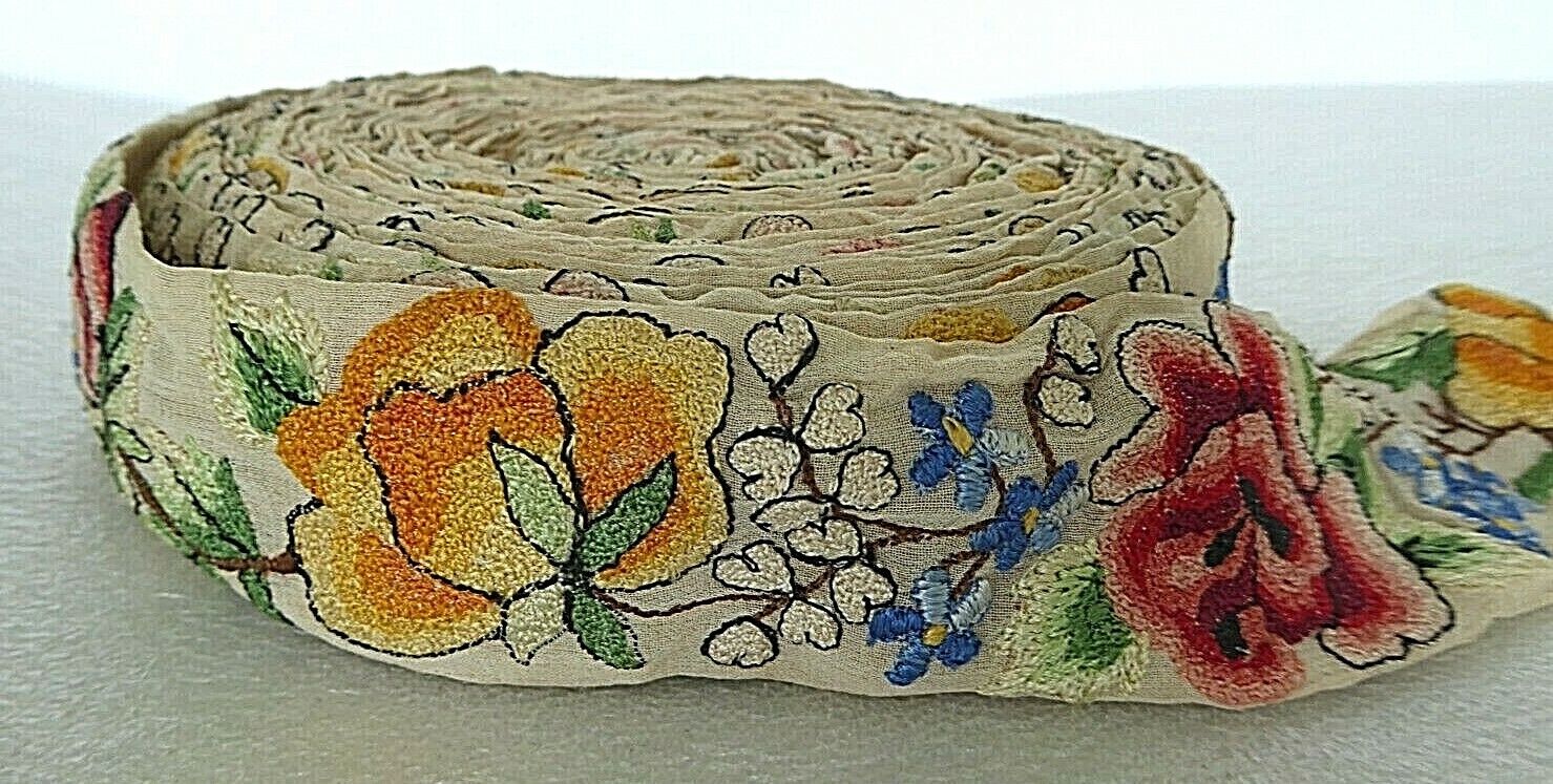 Rare Antique Chinese Hand Embroidered Roses 1.5" Silk Trim, 8.3 Yards (25ft)
