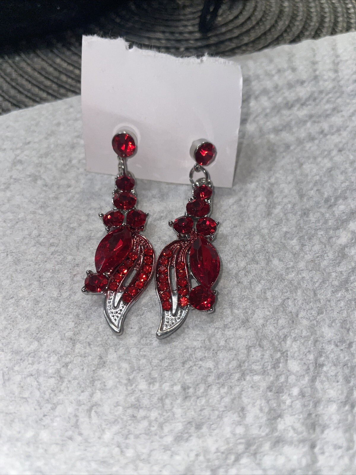 Earrings, Silver Tone Red, Rhinestone Dangle Earr… - image 13