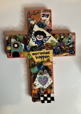 Religious Cross Handmade Bead button Crafted 8 inch Unique Fun