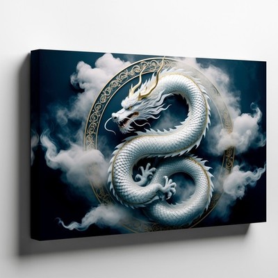 Majestic White Dragon Coils Gracefully Amidst Swirling Clouds, Its Wall Art
