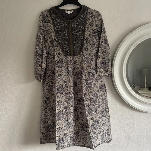 Stunning EAST blue grey  Cotton silk beaded Embroidered Tunic Dress sz 10