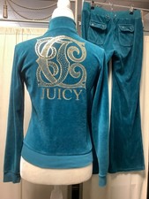 Juicy Couture Teal Velour Zip Up Low Rise Light Flare Pants 30 x 30 Tracksuit