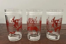Vintage Hazel Atlas Juice Glass Cup Equestrian Horse Dog Buggy Barware Set