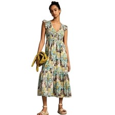 Anthropologie Peregrine Midi Dress Chartreuse Floral Smocked Ruffles Womens L