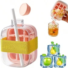 Ice Cube Bottle,2 in 1 Zero Touch Press lce Cube Mold,Cool Summer lce Bottle Cup