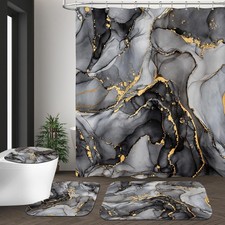 NBVKO 4 Pcs Black Marble Shower Curtain Sets with Rugs Gold Bathroom Sets wit...